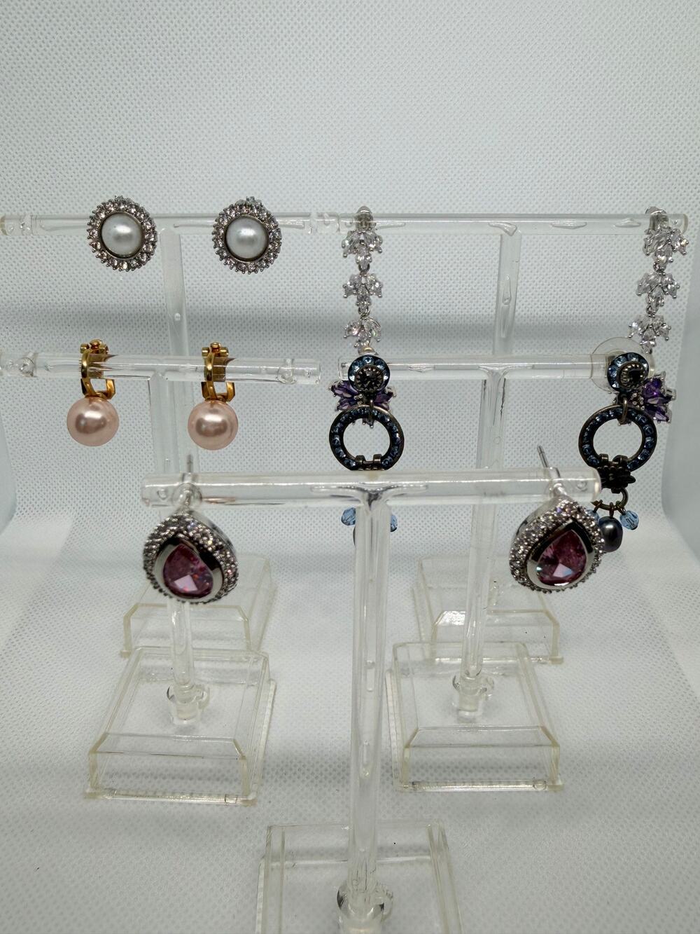 Lot of Vintage Earrings purple and pink rhinestones faux pearl 5 pairs